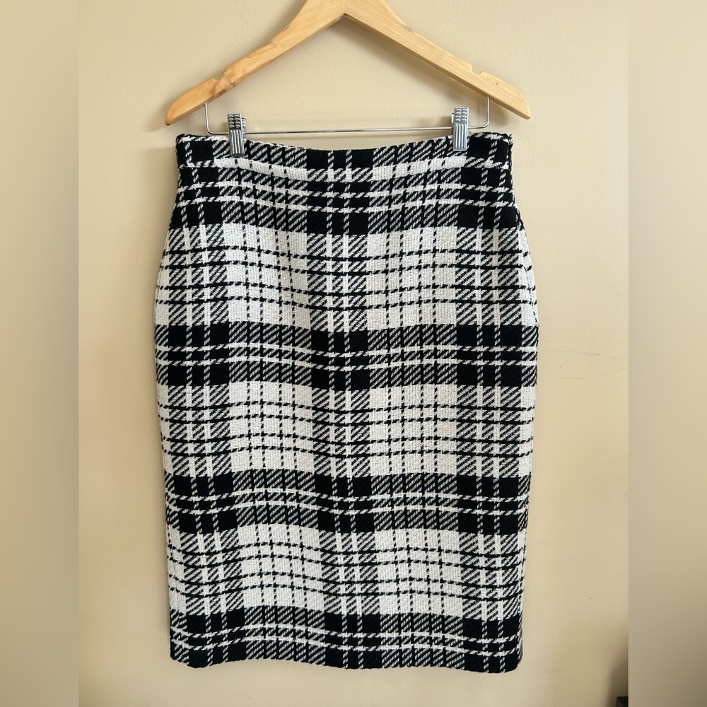 Talbots Black and White Plaid Wool Blend Pencil Skirt